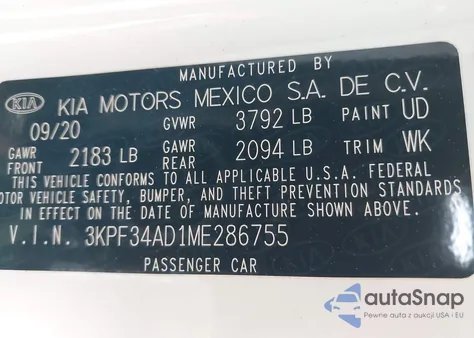 2021 Kia Forte Gt-Line z USA, uszkodzony, nr VIN 3KPF34AD1ME286755